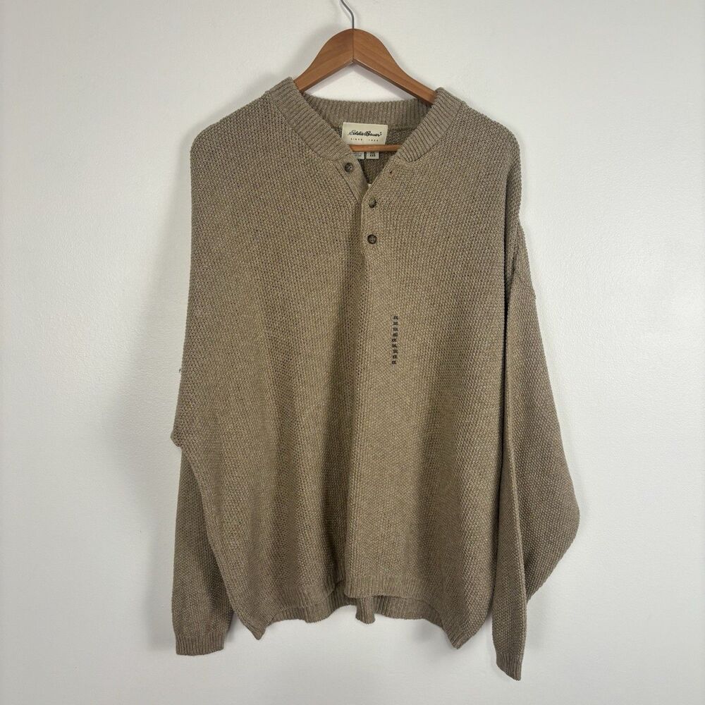 VTG Eddie Bauer NWT Henley Sweater Mens 2XL Tan Textured Knit Long Sleeve Button